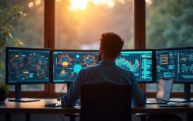 In einem hell erleuchteten, modern eingerichteten Büro sitzt eine nachdenkliche IT-Sicherheitsfachkraft vor mehreren Bildschirmen mit komplexen Netzwerkgrafiken, während warmes Tageslicht durch Fenster fällt und eine Atmosphäre von konzentrierter Zuversicht und technologischer Verantwortung schafft.