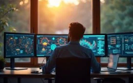 In einem hell erleuchteten, modern eingerichteten Büro sitzt eine nachdenkliche IT-Sicherheitsfachkraft vor mehreren Bildschirmen mit komplexen Netzwerkgrafiken, während warmes Tageslicht durch Fenster fällt und eine Atmosphäre von konzentrierter Zuversicht und technologischer Verantwortung schafft.