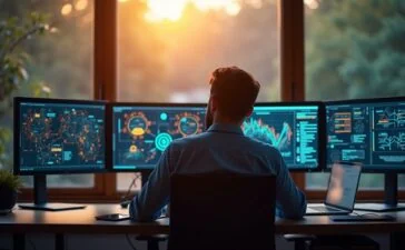 In einem hell erleuchteten, modern eingerichteten Büro sitzt eine nachdenkliche IT-Sicherheitsfachkraft vor mehreren Bildschirmen mit komplexen Netzwerkgrafiken, während warmes Tageslicht durch Fenster fällt und eine Atmosphäre von konzentrierter Zuversicht und technologischer Verantwortung schafft.