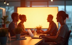 Eine sonnendurchflutete, moderne Büroszene mit entspannten Menschen, die aufmerksam auf einen hellen Bildschirm blicken, wobei warme Farbtöne und natürliche Lichtreflexe eine Atmosphäre von Klarheit, Vertrauen und digitaler Leichtigkeit schaffen.