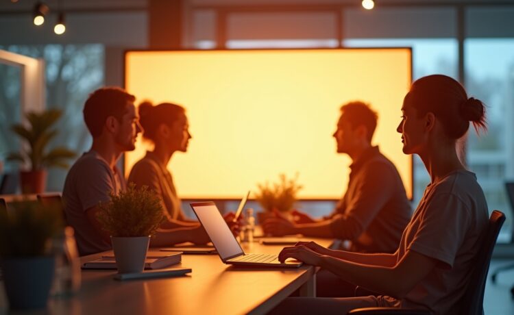 Eine sonnendurchflutete, moderne Büroszene mit entspannten Menschen, die aufmerksam auf einen hellen Bildschirm blicken, wobei warme Farbtöne und natürliche Lichtreflexe eine Atmosphäre von Klarheit, Vertrauen und digitaler Leichtigkeit schaffen.