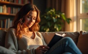 In einem warm erleuchteten, modernen Wohnzimmer sitzt eine junge Frau entspannt mit einem Kindle in der Hand, umgeben von sanftem Tageslicht und Regalen voller Bücher, während ein leichter Ausdruck von Neugier und Staunen ihr Gesicht erhellt und die Verbindung von traditionellem Lesen und moderner KI-Technologie spürbar wird.