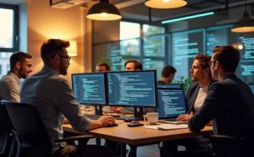 Ein sonnendurchflutetes, modernes Büro mit einem vielfältigen Team von Entwicklern in lebhafter Diskussion vor mehreren großen Bildschirmen, die komplexe Codezeilen und KI-Diagramme zeigen, strahlen Wärme, Offenheit und Fortschritt im Zeitalter offener KI-Technologien aus.