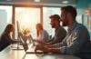 Ein strahlend helles Büro mit natürlichem Tageslicht durch große Fenster, in dem ein motiviertes Entwicklerteam konzentriert an Laptops sitzt, ihre freundlichen Gesichter spiegeln die positive Zusammenarbeit wider, während farbenfrohe Notizen und moderne Technik im Vordergrund die dynamische Welt der Websicherheit und innovativen Softwareentwicklung lebendig machen.