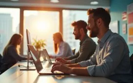 Ein strahlend helles Büro mit natürlichem Tageslicht durch große Fenster, in dem ein motiviertes Entwicklerteam konzentriert an Laptops sitzt, ihre freundlichen Gesichter spiegeln die positive Zusammenarbeit wider, während farbenfrohe Notizen und moderne Technik im Vordergrund die dynamische Welt der Websicherheit und innovativen Softwareentwicklung lebendig machen.