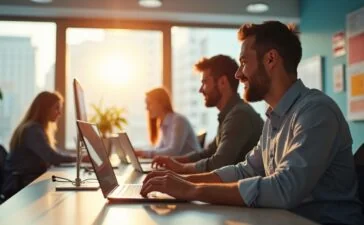 Ein strahlend helles Büro mit natürlichem Tageslicht durch große Fenster, in dem ein motiviertes Entwicklerteam konzentriert an Laptops sitzt, ihre freundlichen Gesichter spiegeln die positive Zusammenarbeit wider, während farbenfrohe Notizen und moderne Technik im Vordergrund die dynamische Welt der Websicherheit und innovativen Softwareentwicklung lebendig machen.