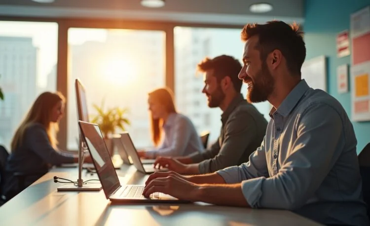 Ein strahlend helles Büro mit natürlichem Tageslicht durch große Fenster, in dem ein motiviertes Entwicklerteam konzentriert an Laptops sitzt, ihre freundlichen Gesichter spiegeln die positive Zusammenarbeit wider, während farbenfrohe Notizen und moderne Technik im Vordergrund die dynamische Welt der Websicherheit und innovativen Softwareentwicklung lebendig machen.