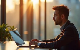 Ein warm erleuchtetes, editorial wirkendes Porträt eines nachdenklichen Digitalministers in einem modernen Büro mit großen Fenstern, das natürliche Sonnenstrahlen sanft auf seinen konzentrierten Gesichtsausdruck und zeitgemäße Technik auf dem Schreibtisch wirft, und so die humanitäre und wegweisende Kraft der Künstlichen Intelligenz inmitten gesellschaftlicher Transformation emotional und lebendig einfängt.