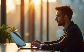 Ein warm erleuchtetes, editorial wirkendes Porträt eines nachdenklichen Digitalministers in einem modernen Büro mit großen Fenstern, das natürliche Sonnenstrahlen sanft auf seinen konzentrierten Gesichtsausdruck und zeitgemäße Technik auf dem Schreibtisch wirft, und so die humanitäre und wegweisende Kraft der Künstlichen Intelligenz inmitten gesellschaftlicher Transformation emotional und lebendig einfängt.