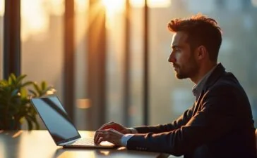 Ein warm erleuchtetes, editorial wirkendes Porträt eines nachdenklichen Digitalministers in einem modernen Büro mit großen Fenstern, das natürliche Sonnenstrahlen sanft auf seinen konzentrierten Gesichtsausdruck und zeitgemäße Technik auf dem Schreibtisch wirft, und so die humanitäre und wegweisende Kraft der Künstlichen Intelligenz inmitten gesellschaftlicher Transformation emotional und lebendig einfängt.