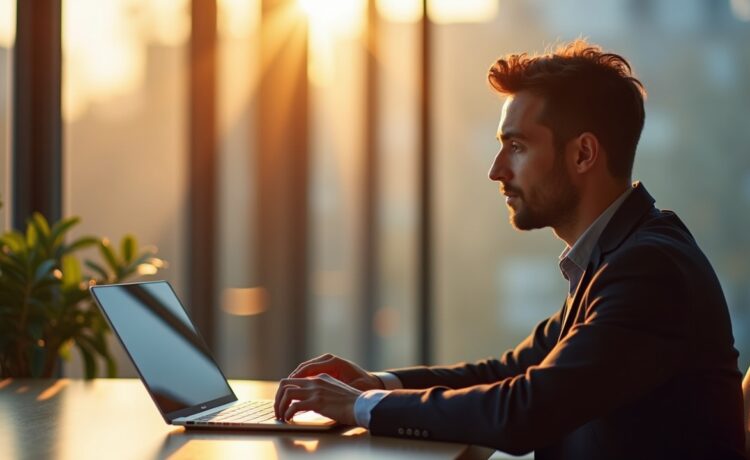 Ein warm erleuchtetes, editorial wirkendes Porträt eines nachdenklichen Digitalministers in einem modernen Büro mit großen Fenstern, das natürliche Sonnenstrahlen sanft auf seinen konzentrierten Gesichtsausdruck und zeitgemäße Technik auf dem Schreibtisch wirft, und so die humanitäre und wegweisende Kraft der Künstlichen Intelligenz inmitten gesellschaftlicher Transformation emotional und lebendig einfängt.