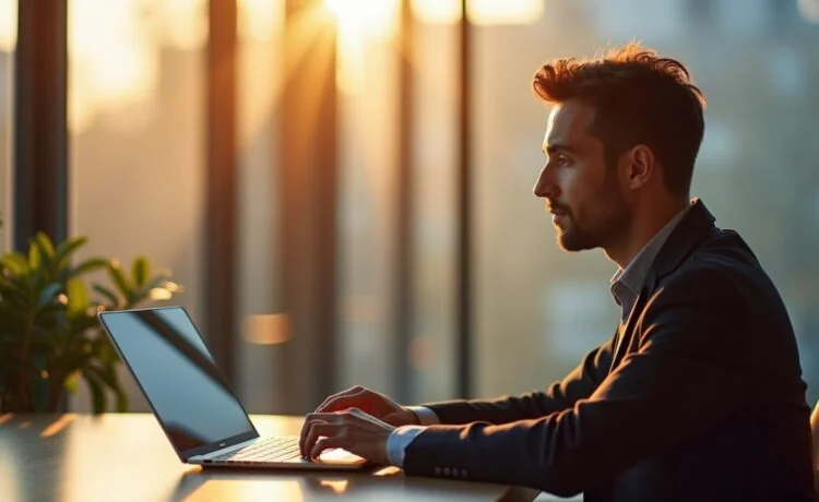 Ein warm erleuchtetes, editorial wirkendes Porträt eines nachdenklichen Digitalministers in einem modernen Büro mit großen Fenstern, das natürliche Sonnenstrahlen sanft auf seinen konzentrierten Gesichtsausdruck und zeitgemäße Technik auf dem Schreibtisch wirft, und so die humanitäre und wegweisende Kraft der Künstlichen Intelligenz inmitten gesellschaftlicher Transformation emotional und lebendig einfängt.