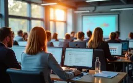 Ein hell erleuchteter Konferenzraum mit engagierten Wissenschaftlern und Forscherinnen, die konzentriert über moderne Computerbildschirme gebeugt sind, während natürliches Tageslicht sanft durch große Fenster fällt und eine freundliche, hoffnungsvolle Atmosphäre schafft, die die Balance zwischen innovativer KI-Technologie und menschlicher Expertise in der wissenschaftlichen Qualitätssicherung widerspiegelt.