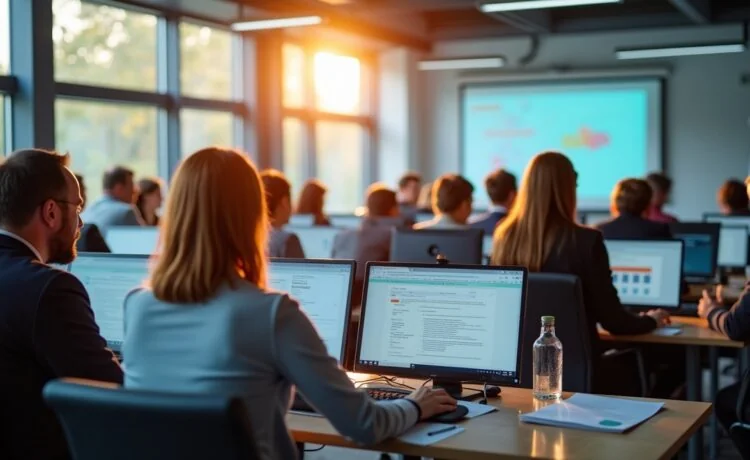 Ein hell erleuchteter Konferenzraum mit engagierten Wissenschaftlern und Forscherinnen, die konzentriert über moderne Computerbildschirme gebeugt sind, während natürliches Tageslicht sanft durch große Fenster fällt und eine freundliche, hoffnungsvolle Atmosphäre schafft, die die Balance zwischen innovativer KI-Technologie und menschlicher Expertise in der wissenschaftlichen Qualitätssicherung widerspiegelt.