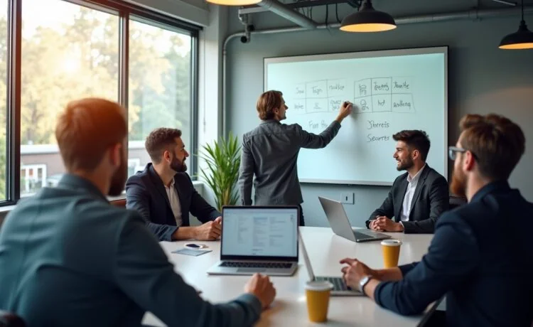 Ein lebendiges Entwicklerteam in einem modernen, lichtdurchfluteten Büro, das gemeinschaftlich an Laptops und großen Bildschirmen sitzt, konzentriert diskutiert und dabei mit warmem Lächeln digitale Sicherheitsstrategien am Whiteboard skizziert – ein Sinnbild für kollaborative Awareness und nachhaltige Web-Security-Kultur.