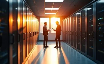 Ein hell erleuchteter, moderner Serverraum mit Reihen von glänzenden, schwarzen Serverracks, in dem warme Sonnenstrahlen sanft durch große Fenster fallen und technische Mitarbeiter konzentriert mit Tablets und Laptops die smarte, KI-gesteuerte Infrastruktur überwachen.