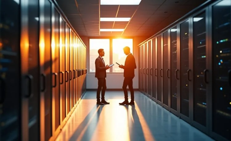 Ein hell erleuchteter, moderner Serverraum mit Reihen von glänzenden, schwarzen Serverracks, in dem warme Sonnenstrahlen sanft durch große Fenster fallen und technische Mitarbeiter konzentriert mit Tablets und Laptops die smarte, KI-gesteuerte Infrastruktur überwachen.