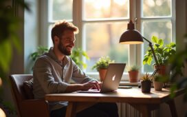 Ein lichtdurchflutetes, freundliches Home-Office-Setting mit einem entspannten Entwickler, der konzentriert an einem modernen Laptop arbeitet, umgeben von smarten Geräten und Pflanzen – ein einladendes Ambiente, das Offenheit, Gemeinschaft und technologische Innovation im Open-Source-Umfeld von openHAB lebendig vermittelt.