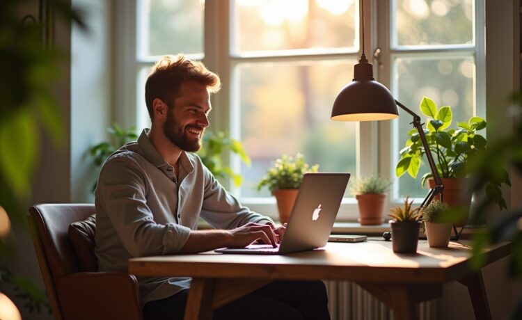 Ein lichtdurchflutetes, freundliches Home-Office-Setting mit einem entspannten Entwickler, der konzentriert an einem modernen Laptop arbeitet, umgeben von smarten Geräten und Pflanzen – ein einladendes Ambiente, das Offenheit, Gemeinschaft und technologische Innovation im Open-Source-Umfeld von openHAB lebendig vermittelt.
