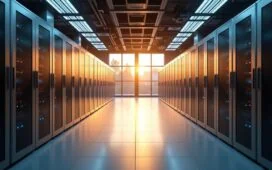 Ein hell erleuchteter moderner Serverraum mit glänzenden, schwarz-silbernen Rechenzentrumseinheiten, in dem warmes, natürliches Tageslicht sanft durch große Fenster fällt und die hochmoderne Technik eine Atmosphäre von Zuverlässigkeit, Innovation und nachhaltiger Digitalwirtschaft vermittelt.