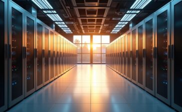 Ein hell erleuchteter moderner Serverraum mit glänzenden, schwarz-silbernen Rechenzentrumseinheiten, in dem warmes, natürliches Tageslicht sanft durch große Fenster fällt und die hochmoderne Technik eine Atmosphäre von Zuverlässigkeit, Innovation und nachhaltiger Digitalwirtschaft vermittelt.