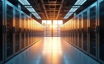 Ein hell erleuchteter moderner Serverraum mit glänzenden, schwarz-silbernen Rechenzentrumseinheiten, in dem warmes, natürliches Tageslicht sanft durch große Fenster fällt und die hochmoderne Technik eine Atmosphäre von Zuverlässigkeit, Innovation und nachhaltiger Digitalwirtschaft vermittelt.