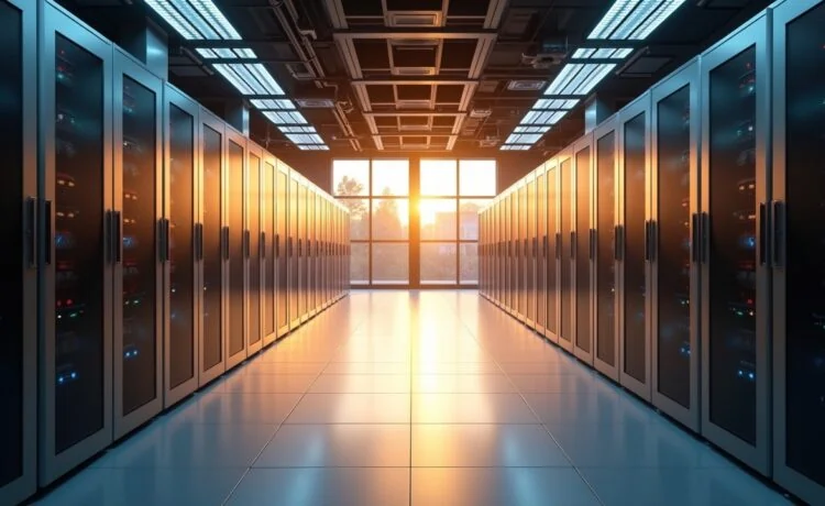 Ein hell erleuchteter moderner Serverraum mit glänzenden, schwarz-silbernen Rechenzentrumseinheiten, in dem warmes, natürliches Tageslicht sanft durch große Fenster fällt und die hochmoderne Technik eine Atmosphäre von Zuverlässigkeit, Innovation und nachhaltiger Digitalwirtschaft vermittelt.