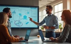 Ein lebhaftes, natürlich ausgeleuchtetes Büro mit einem modern gekleideten Softwarearchitekten, der in freundlicher Atmosphäre neben einem Team stehend technische Diagramme und digitale Skizzen auf einem großen Bildschirm erklärt, während die Kollegen aufmerksam und engagiert zuhören – ein Bild voller Wärme, Zusammenarbeit und inspirierender Innovationskraft.