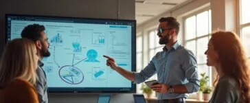 Ein lebhaftes, natürlich ausgeleuchtetes Büro mit einem modern gekleideten Softwarearchitekten, der in freundlicher Atmosphäre neben einem Team stehend technische Diagramme und digitale Skizzen auf einem großen Bildschirm erklärt, während die Kollegen aufmerksam und engagiert zuhören – ein Bild voller Wärme, Zusammenarbeit und inspirierender Innovationskraft.