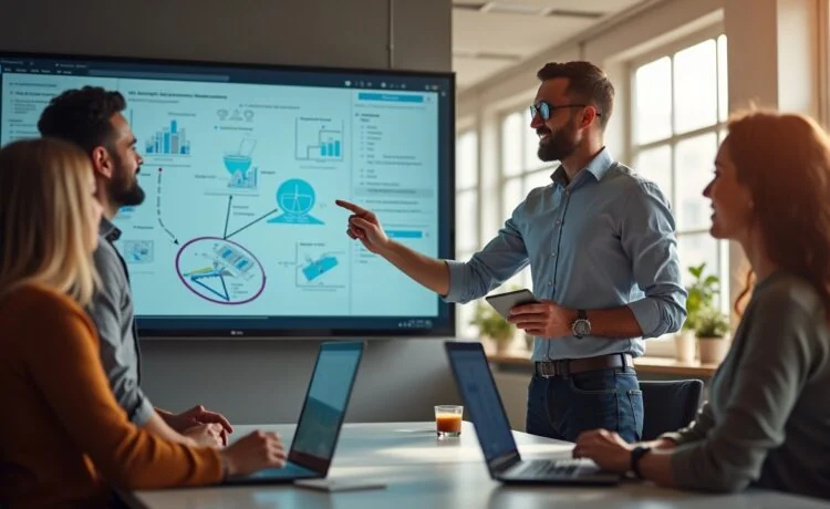 Ein lebhaftes, natürlich ausgeleuchtetes Büro mit einem modern gekleideten Softwarearchitekten, der in freundlicher Atmosphäre neben einem Team stehend technische Diagramme und digitale Skizzen auf einem großen Bildschirm erklärt, während die Kollegen aufmerksam und engagiert zuhören – ein Bild voller Wärme, Zusammenarbeit und inspirierender Innovationskraft.