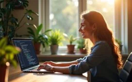 Ein einladend hell erleuchtetes, naturbelassenes Büro mit einem modernen Laptop, auf dessen Bildschirm lebendig strukturierter Code in VS Code zu sehen ist, während eine motivierte Entwicklerin entspannt und konzentriert lächelnd an ihrem Arbeitsplatz sitzt, umgeben von Pflanzen und warmem Tageslicht, das eine Atmosphäre von Fortschritt und positiver Zukunftsgestaltung in der Webentwicklung schafft.
