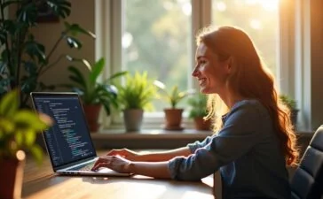 Ein einladend hell erleuchtetes, naturbelassenes Büro mit einem modernen Laptop, auf dessen Bildschirm lebendig strukturierter Code in VS Code zu sehen ist, während eine motivierte Entwicklerin entspannt und konzentriert lächelnd an ihrem Arbeitsplatz sitzt, umgeben von Pflanzen und warmem Tageslicht, das eine Atmosphäre von Fortschritt und positiver Zukunftsgestaltung in der Webentwicklung schafft.