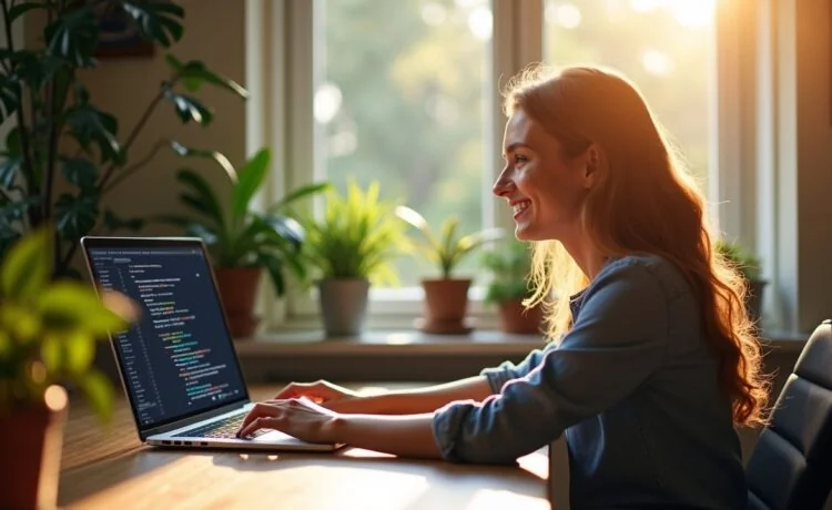 Ein einladend hell erleuchtetes, naturbelassenes Büro mit einem modernen Laptop, auf dessen Bildschirm lebendig strukturierter Code in VS Code zu sehen ist, während eine motivierte Entwicklerin entspannt und konzentriert lächelnd an ihrem Arbeitsplatz sitzt, umgeben von Pflanzen und warmem Tageslicht, das eine Atmosphäre von Fortschritt und positiver Zukunftsgestaltung in der Webentwicklung schafft.