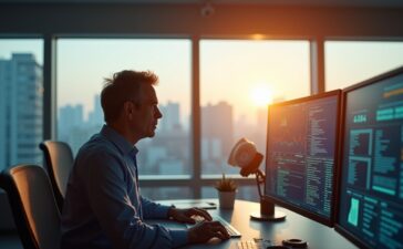 In einem hell erleuchteten, modernen Büro mit großem Panoramafenster symbolisiert ein nachdenklicher Ingenieur mittleren Alters, umgeben von Bildschirmen mit schemenhaften KI-Datenvisualisierungen, die vielschichtige Verbindung zwischen Hightech-Innovation und militärischer Forschung – strahlt Wärme und Fokus in einem realistischen, cineastischen Licht aus.