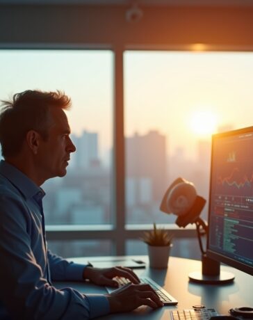 In einem hell erleuchteten, modernen Büro mit großem Panoramafenster symbolisiert ein nachdenklicher Ingenieur mittleren Alters, umgeben von Bildschirmen mit schemenhaften KI-Datenvisualisierungen, die vielschichtige Verbindung zwischen Hightech-Innovation und militärischer Forschung – strahlt Wärme und Fokus in einem realistischen, cineastischen Licht aus.