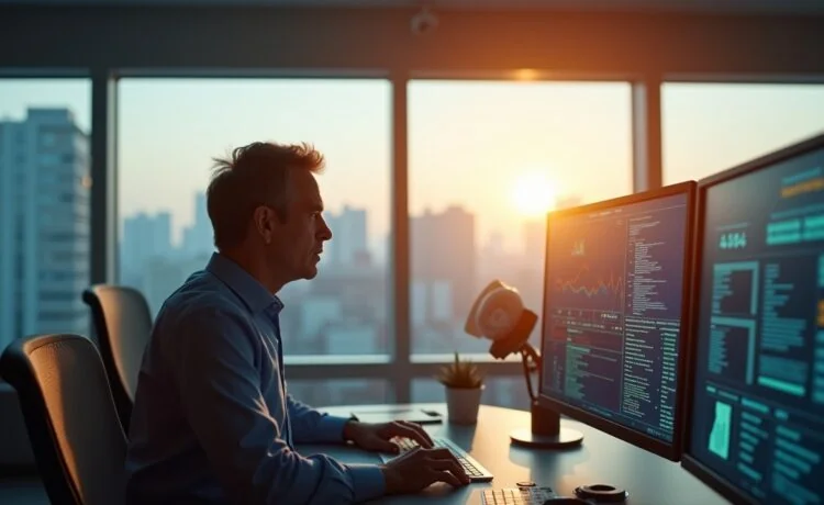 In einem hell erleuchteten, modernen Büro mit großem Panoramafenster symbolisiert ein nachdenklicher Ingenieur mittleren Alters, umgeben von Bildschirmen mit schemenhaften KI-Datenvisualisierungen, die vielschichtige Verbindung zwischen Hightech-Innovation und militärischer Forschung – strahlt Wärme und Fokus in einem realistischen, cineastischen Licht aus.