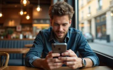 Helle, einladende Aufnahme eines jungen Mannes in urbanem Café-Ambiente, der mit konzentriertem, aber entspanntem Blick sein Android-Smartphone prüft, umgeben von warmem Tageslicht und dezenten technologischen Details, die die vertraute Alltagsnutzung symbolisieren und zugleich die unterschwellige Gefahr digitaler Malware subtil mitschwingen lassen.