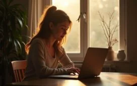 Eine helle, natürlich beleuchtete Szene zeigt eine junge Frau in modernem, gemütlichem Outfit, die nachdenklich und zugleich hoffnungsvoll an einem Tisch vor einem Laptop sitzt, während im Hintergrund ein offenes Fenster sanftes Tageslicht hereinströmen lässt und eine warme, einladende Atmosphäre schafft, die den Balanceakt zwischen digitaler Vernetzung und menschlicher Emotion subtil widerspiegelt.