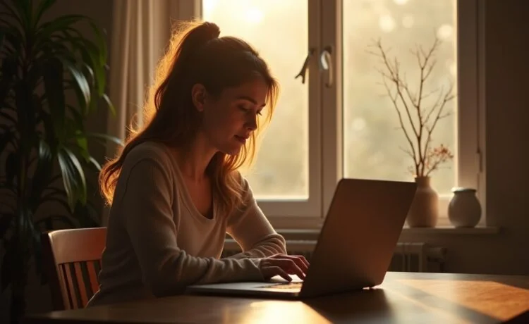 Eine helle, natürlich beleuchtete Szene zeigt eine junge Frau in modernem, gemütlichem Outfit, die nachdenklich und zugleich hoffnungsvoll an einem Tisch vor einem Laptop sitzt, während im Hintergrund ein offenes Fenster sanftes Tageslicht hereinströmen lässt und eine warme, einladende Atmosphäre schafft, die den Balanceakt zwischen digitaler Vernetzung und menschlicher Emotion subtil widerspiegelt.
