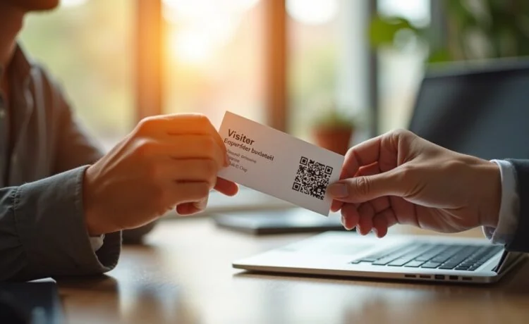 Ein hell erleuchteter, moderner Arbeitsplatz zeigt eine stilvolle Hand, die eine kreative, nachhaltig gestaltete Visitenkarte mit integriertem QR-Code und edlem NFC-Chip hält, während sanftes Tageslicht durch ein Fenster fällt und eine warme, einladende Atmosphäre voller Innovation und persönlicher Verbindungen schafft.