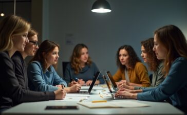 Eine helle, atmosphärisch natürliche Aufnahme eines konzentrierten Teams von KI-Trainer:innen unterschiedlichen Alters und Herkunft, die in einem modern gestalteten, warm beleuchteten Büro mit Dokumenten und Laptops engagiert ihre Arbeit verrichten, dabei offenbaren ihre einfühlsamen Gesichter die unsichtbare Verantwortung hinter künstlicher Intelligenz.