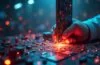 Ein hell erleuchtetes, modernes Halbleiterlabor mit fokussierten Ingenieurinnen und Ingenieuren im Team, die zwischen leuchtenden Platinen und feinjustierten Speicherchips voller Optimismus die innovative Zukunft der RAM-Technologie gestalten.