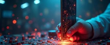 Ein hell erleuchtetes, modernes Halbleiterlabor mit fokussierten Ingenieurinnen und Ingenieuren im Team, die zwischen leuchtenden Platinen und feinjustierten Speicherchips voller Optimismus die innovative Zukunft der RAM-Technologie gestalten.