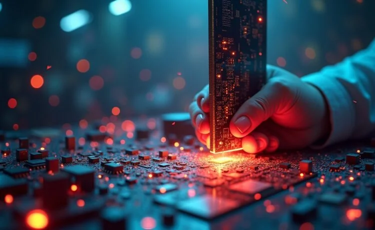 Ein hell erleuchtetes, modernes Halbleiterlabor mit fokussierten Ingenieurinnen und Ingenieuren im Team, die zwischen leuchtenden Platinen und feinjustierten Speicherchips voller Optimismus die innovative Zukunft der RAM-Technologie gestalten.