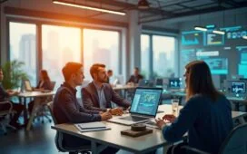 Ein strahlend heller, moderner Büroraum voller harmonisch zusammenspielender, digital vernetzter Bildschirme und konzentrierter Menschen, die in freundlicher Atmosphäre gemeinsam an der Zukunft autonomer KI-Agenten arbeiten – natürliche Lichtstrahlen durchfluten den Raum und verleihen dem Bild eine warme, einladende Stimmung.