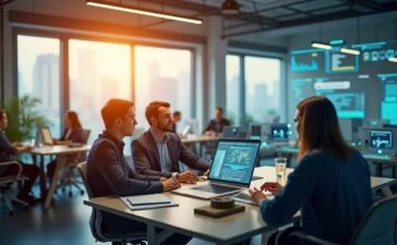 Ein strahlend heller, moderner Büroraum voller harmonisch zusammenspielender, digital vernetzter Bildschirme und konzentrierter Menschen, die in freundlicher Atmosphäre gemeinsam an der Zukunft autonomer KI-Agenten arbeiten – natürliche Lichtstrahlen durchfluten den Raum und verleihen dem Bild eine warme, einladende Stimmung.