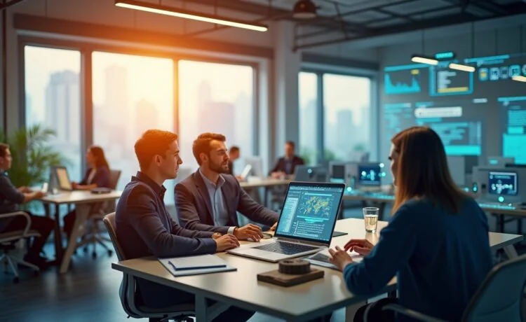 Ein strahlend heller, moderner Büroraum voller harmonisch zusammenspielender, digital vernetzter Bildschirme und konzentrierter Menschen, die in freundlicher Atmosphäre gemeinsam an der Zukunft autonomer KI-Agenten arbeiten – natürliche Lichtstrahlen durchfluten den Raum und verleihen dem Bild eine warme, einladende Stimmung.