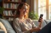 In einem hell erleuchteten, modernen Wohnzimmer sitzt eine junge Frau entspannt mit einem Smartphone in der Hand, umgeben von sanften Sonnenstrahlen und einem aufgeräumten Bücherregal – ihr Gesicht strahlt Freude und Neugier, während sie mühelos ihre digitale Fotosammlung durch eine KI-gestützte App sortiert, die Ordnung ins visuelle Chaos bringt.