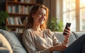 In einem hell erleuchteten, modernen Wohnzimmer sitzt eine junge Frau entspannt mit einem Smartphone in der Hand, umgeben von sanften Sonnenstrahlen und einem aufgeräumten Bücherregal – ihr Gesicht strahlt Freude und Neugier, während sie mühelos ihre digitale Fotosammlung durch eine KI-gestützte App sortiert, die Ordnung ins visuelle Chaos bringt.