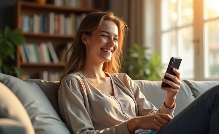 In einem hell erleuchteten, modernen Wohnzimmer sitzt eine junge Frau entspannt mit einem Smartphone in der Hand, umgeben von sanften Sonnenstrahlen und einem aufgeräumten Bücherregal – ihr Gesicht strahlt Freude und Neugier, während sie mühelos ihre digitale Fotosammlung durch eine KI-gestützte App sortiert, die Ordnung ins visuelle Chaos bringt.